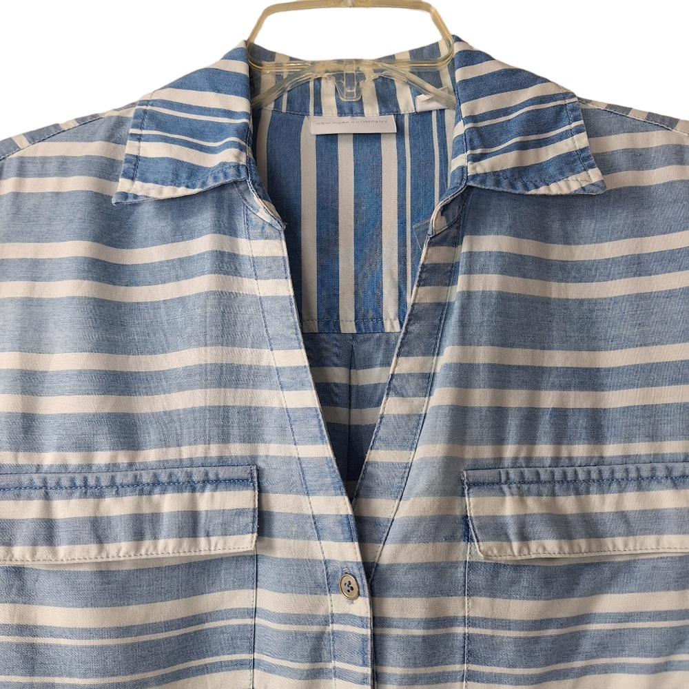 New York & Company Blue White Stripe Button‎ Up Shirt - Picture 3 of 15